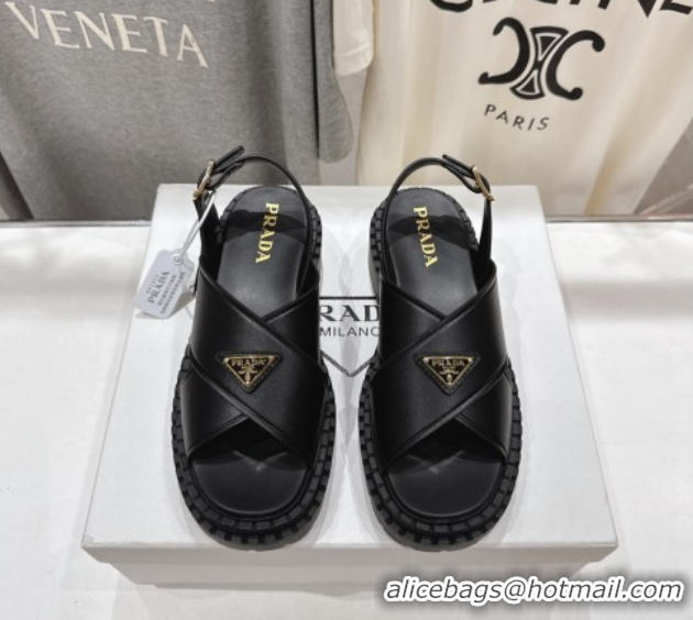 Shop Duplicate Prada Leather sandals Black 2025 PR082504