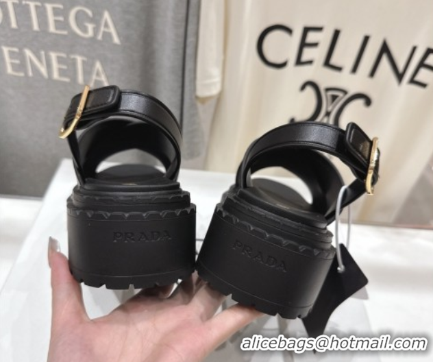 Shop Duplicate Prada Leather sandals Black 2025 PR082504