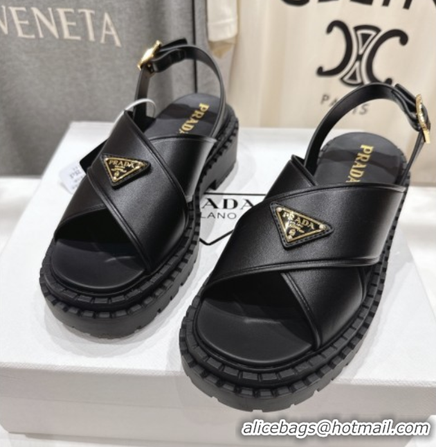 Shop Duplicate Prada Leather sandals Black 2025 PR082504