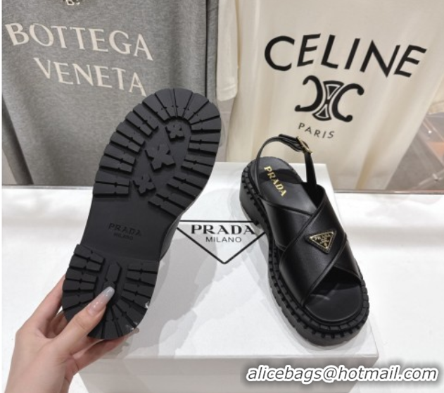 Shop Duplicate Prada Leather sandals Black 2025 PR082504