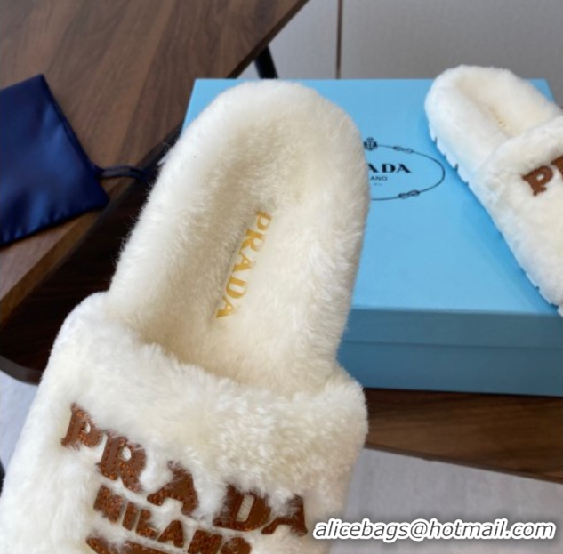 Luxurious Prada Wool Flat Slides Sandal White2 2025 PR082507