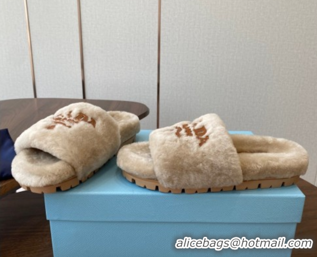 Refined Prada Wool Flat Slides Sandal Beige2 2025 PR082507