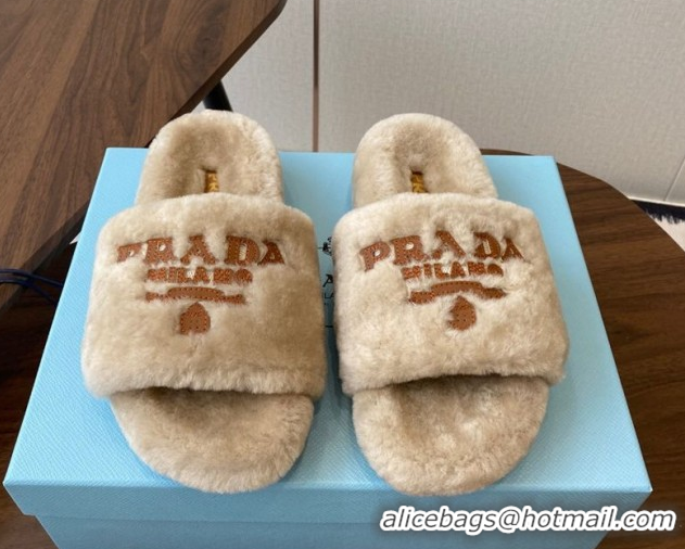 Refined Prada Wool Flat Slides Sandal Beige2 2025 PR082507
