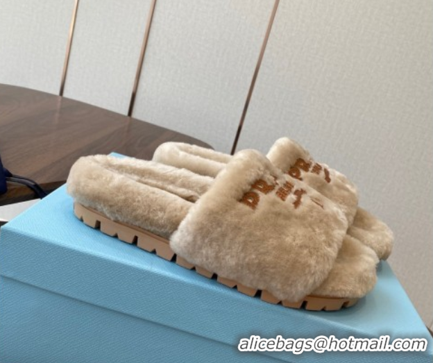 Refined Prada Wool Flat Slides Sandal Beige2 2025 PR082507