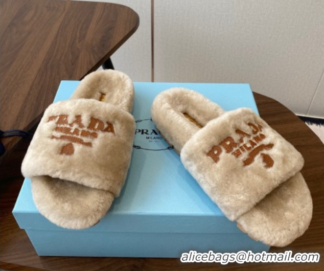 Refined Prada Wool Flat Slides Sandal Beige2 2025 PR082507