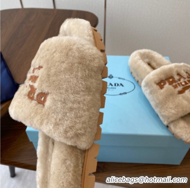 Refined Prada Wool Flat Slides Sandal Beige2 2025 PR082507
