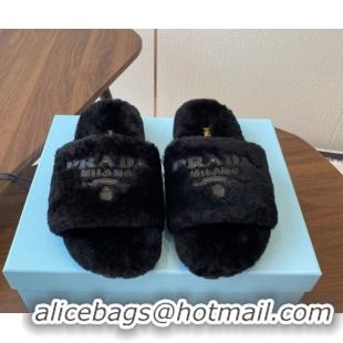 Fashion Prada Wool Flat Slides Sandal Black 2025 PR082507
