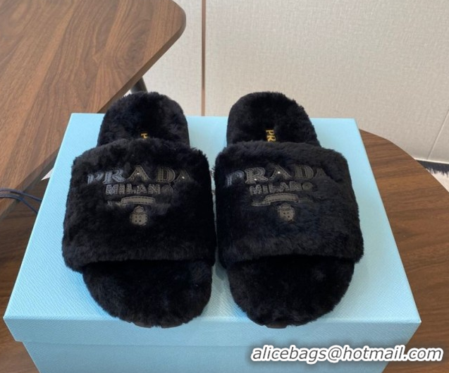 Fashion Prada Wool Flat Slides Sandal Black 2025 PR082507
