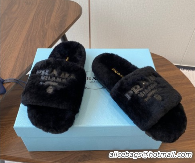 Fashion Prada Wool Flat Slides Sandal Black 2025 PR082507