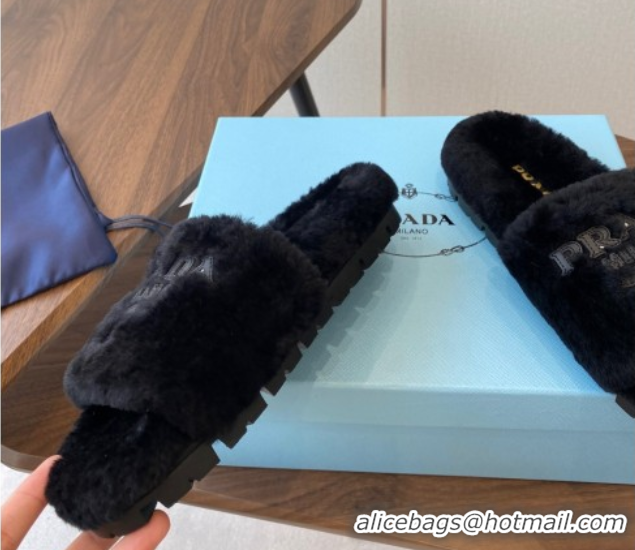 Fashion Prada Wool Flat Slides Sandal Black 2025 PR082507