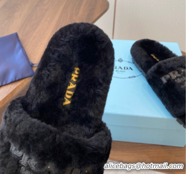Fashion Prada Wool Flat Slides Sandal Black 2025 PR082507