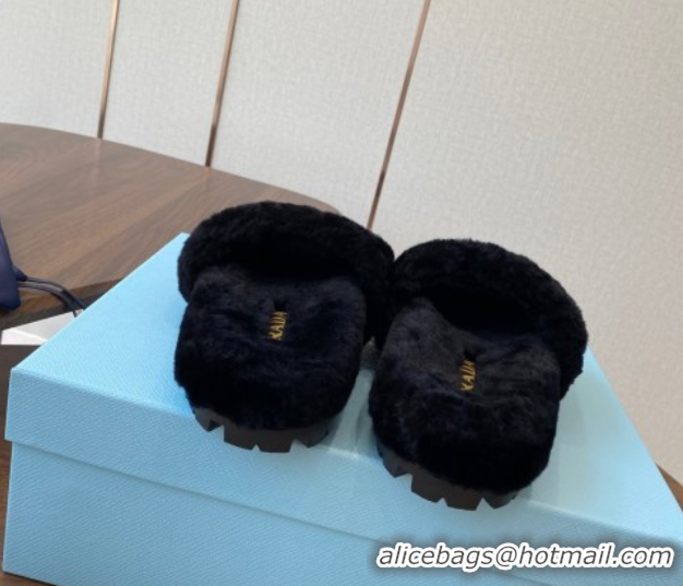 Fashion Prada Wool Flat Slides Sandal Black 2025 PR082507