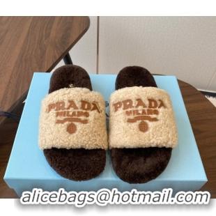 Unique Discount Prada Wool Flat Slides Sandal Beige/Brown 2025 PR082507