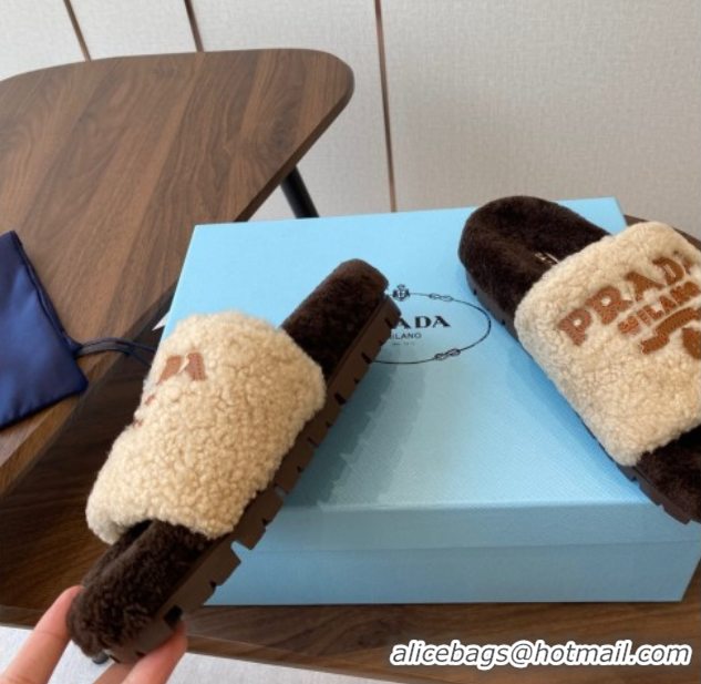 Unique Discount Prada Wool Flat Slides Sandal Beige/Brown 2025 PR082507