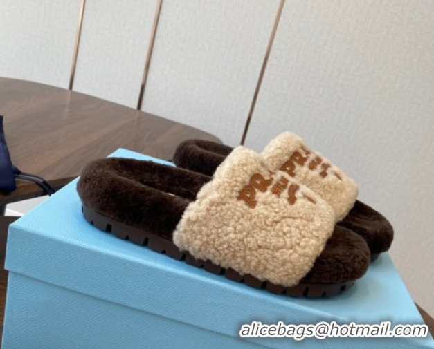 Unique Discount Prada Wool Flat Slides Sandal Beige/Brown 2025 PR082507