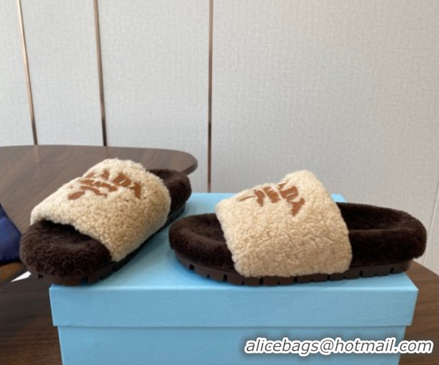 Unique Discount Prada Wool Flat Slides Sandal Beige/Brown 2025 PR082507