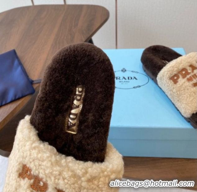 Unique Discount Prada Wool Flat Slides Sandal Beige/Brown 2025 PR082507