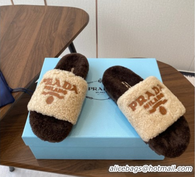 Unique Discount Prada Wool Flat Slides Sandal Beige/Brown 2025 PR082507