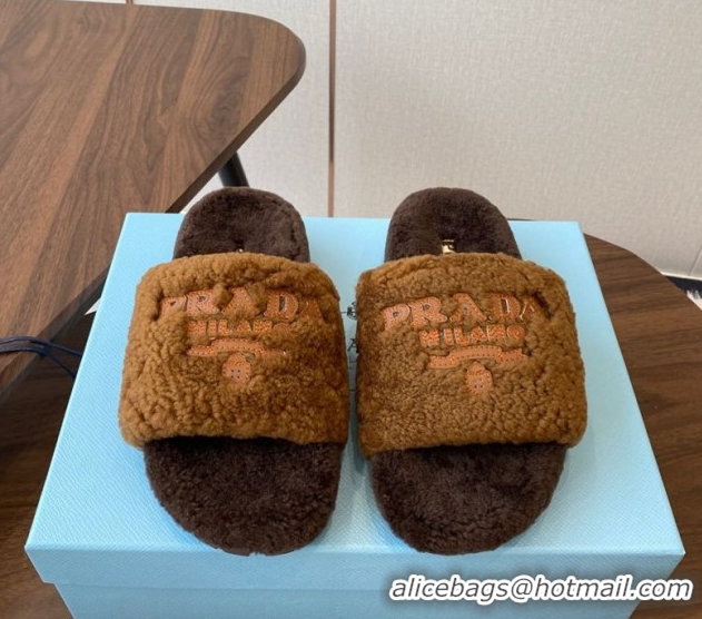 Good Quality Prada Wool Flat Slides Sandal Dark Brown 2025 PR082507