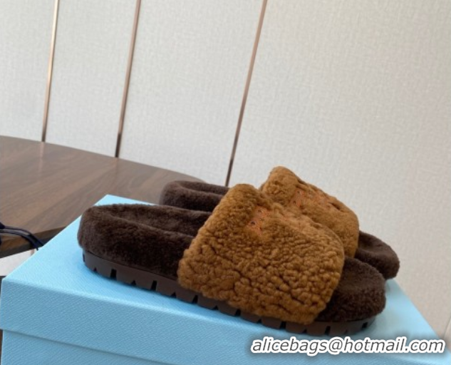 Good Quality Prada Wool Flat Slides Sandal Dark Brown 2025 PR082507