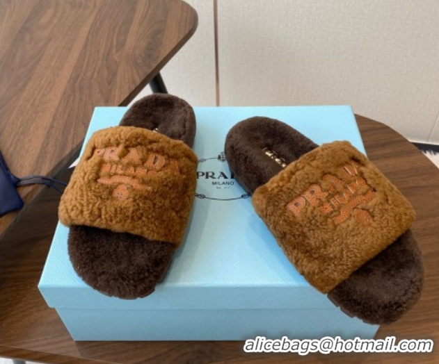 Good Quality Prada Wool Flat Slides Sandal Dark Brown 2025 PR082507