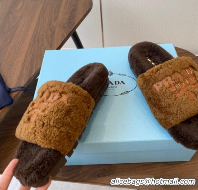 Good Quality Prada Wool Flat Slides Sandal Dark Brown 2025 PR082507