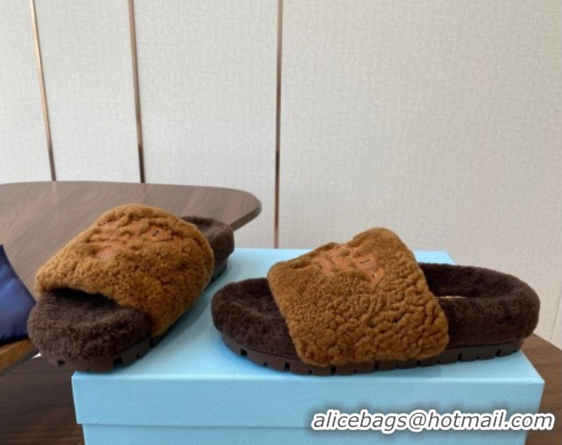 Good Quality Prada Wool Flat Slides Sandal Dark Brown 2025 PR082507