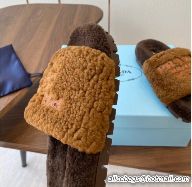Good Quality Prada Wool Flat Slides Sandal Dark Brown 2025 PR082507