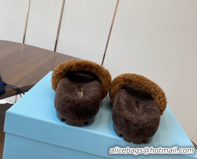 Good Quality Prada Wool Flat Slides Sandal Dark Brown 2025 PR082507