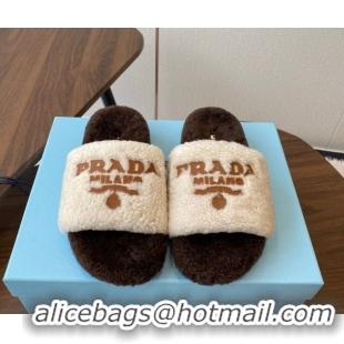 Grade Quality Prada Wool Flat Slides Sandal White/Brown 2025 PR082507