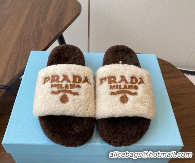 Grade Quality Prada Wool Flat Slides Sandal White/Brown 2025 PR082507