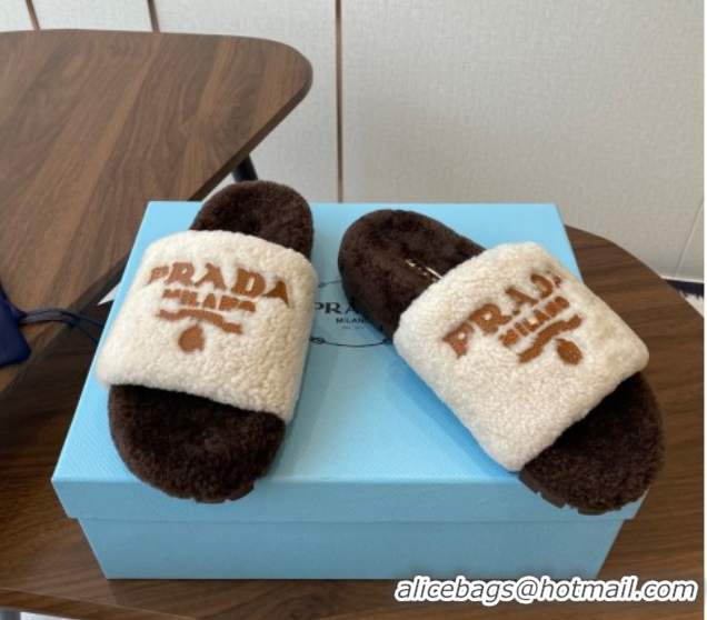 Grade Quality Prada Wool Flat Slides Sandal White/Brown 2025 PR082507