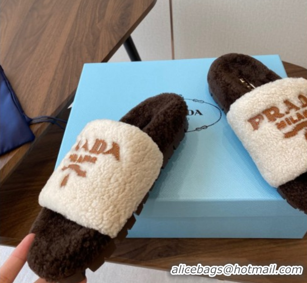Grade Quality Prada Wool Flat Slides Sandal White/Brown 2025 PR082507