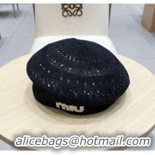 Promotional Miu Miu Strass Logo Knit Beret Hat 0724 Black 2025