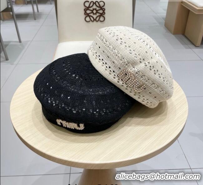 Promotional Miu Miu Strass Logo Knit Beret Hat 0724 Black 2025