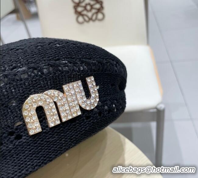 Promotional Miu Miu Strass Logo Knit Beret Hat 0724 Black 2025