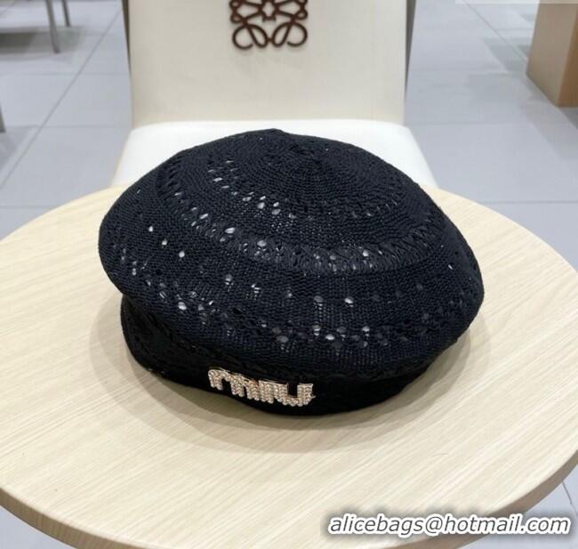 Promotional Miu Miu Strass Logo Knit Beret Hat 0724 Black 2025