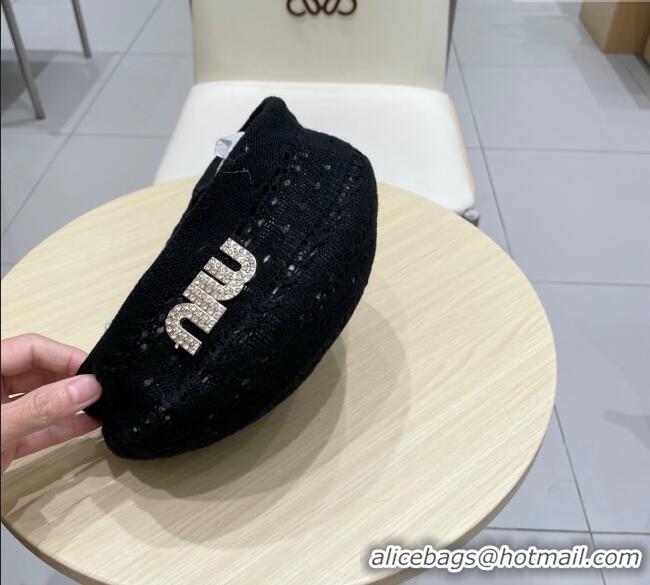 Promotional Miu Miu Strass Logo Knit Beret Hat 0724 Black 2025