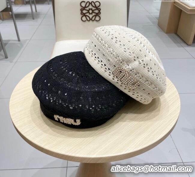 Good Looking Miu Miu Strass Logo Knit Beret Hat 0724 Light Grey 2025