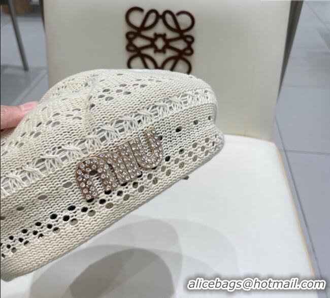Good Looking Miu Miu Strass Logo Knit Beret Hat 0724 Light Grey 2025