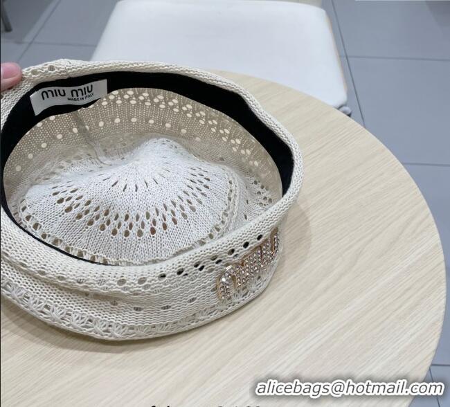 Good Looking Miu Miu Strass Logo Knit Beret Hat 0724 Light Grey 2025