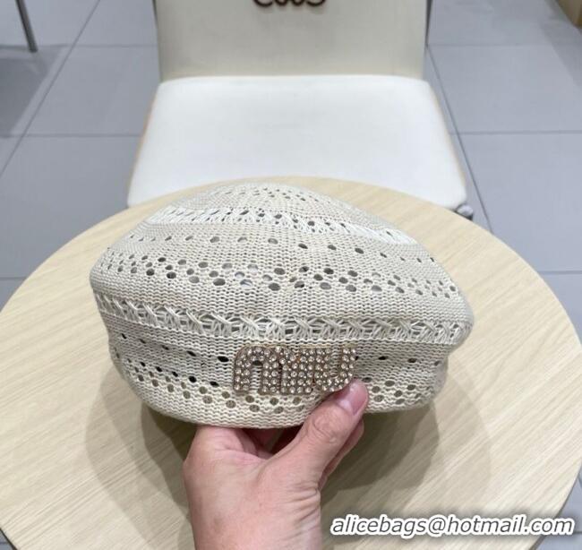 Good Looking Miu Miu Strass Logo Knit Beret Hat 0724 Light Grey 2025
