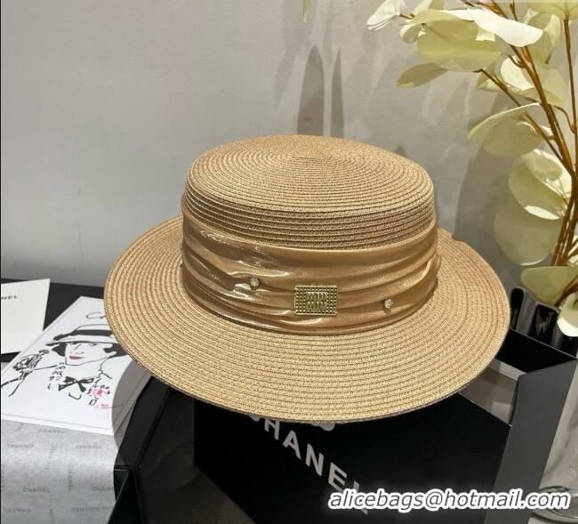 Spot Bulk Miu Miu Straw Wide Brim Hat with Shiny Band 0724 Khaki 2025