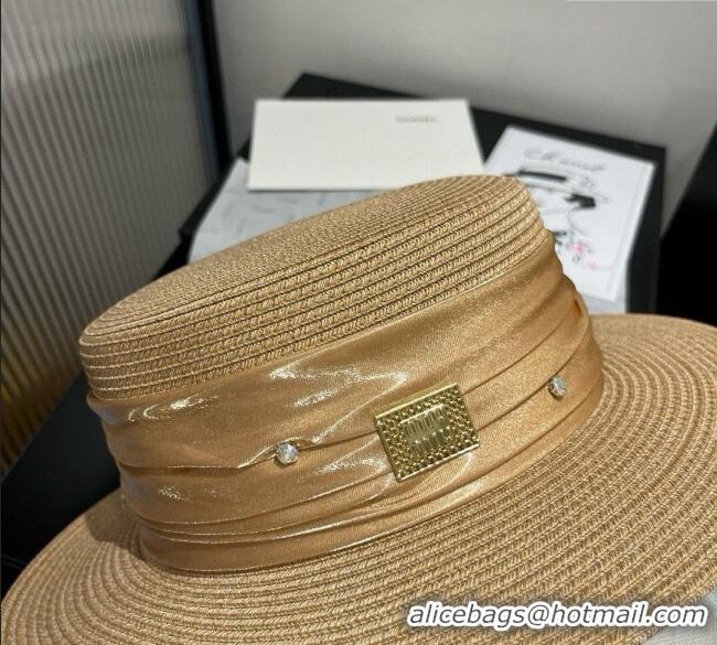 Spot Bulk Miu Miu Straw Wide Brim Hat with Shiny Band 0724 Khaki 2025