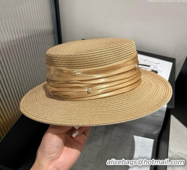 Spot Bulk Miu Miu Straw Wide Brim Hat with Shiny Band 0724 Khaki 2025
