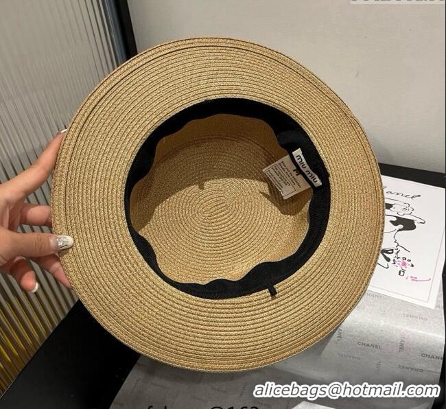 Spot Bulk Miu Miu Straw Wide Brim Hat with Shiny Band 0724 Khaki 2025
