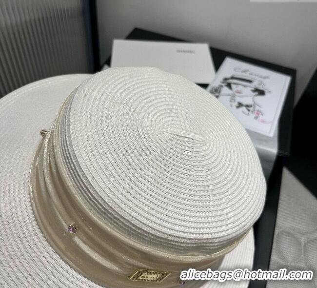 Grade Quality Miu Miu Straw Wide Brim Hat with Shiny Band 0724 White 2025