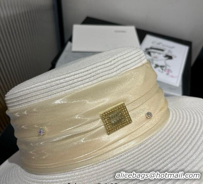 Grade Quality Miu Miu Straw Wide Brim Hat with Shiny Band 0724 White 2025