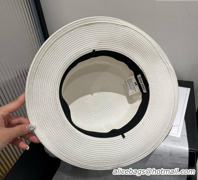Grade Quality Miu Miu Straw Wide Brim Hat with Shiny Band 0724 White 2025