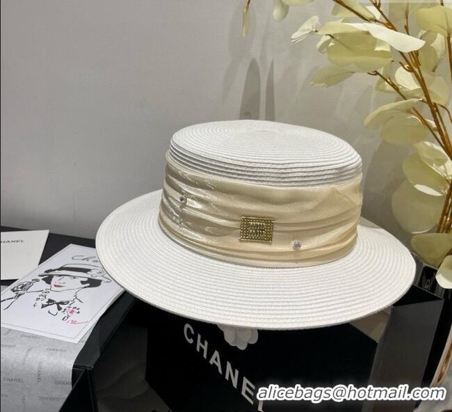 Grade Quality Miu Miu Straw Wide Brim Hat with Shiny Band 0724 White 2025